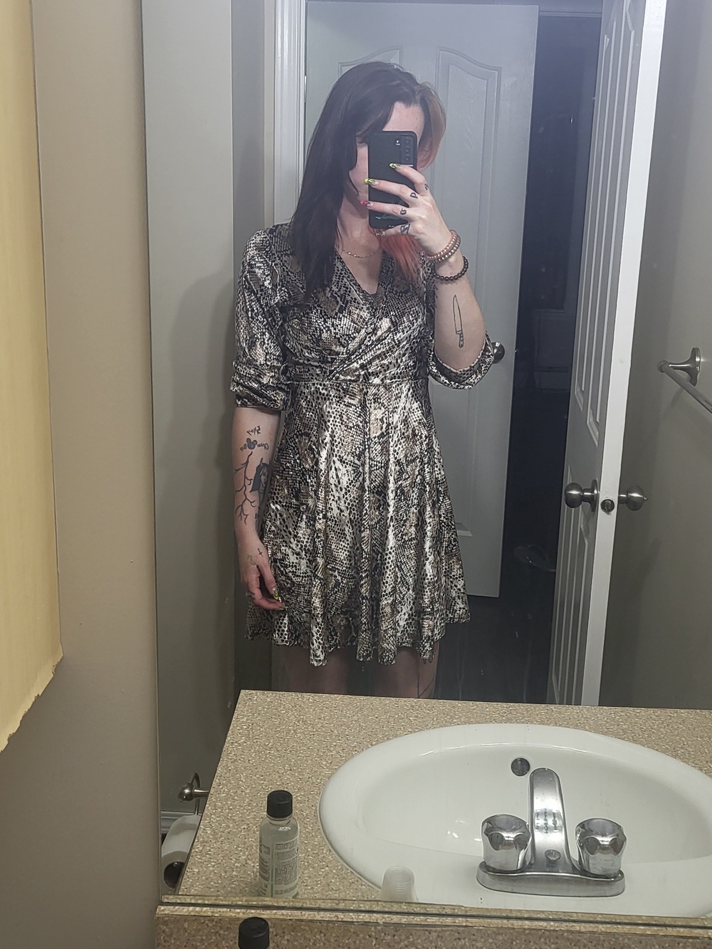 Snake-Print Wrap Dress in Black and Cream